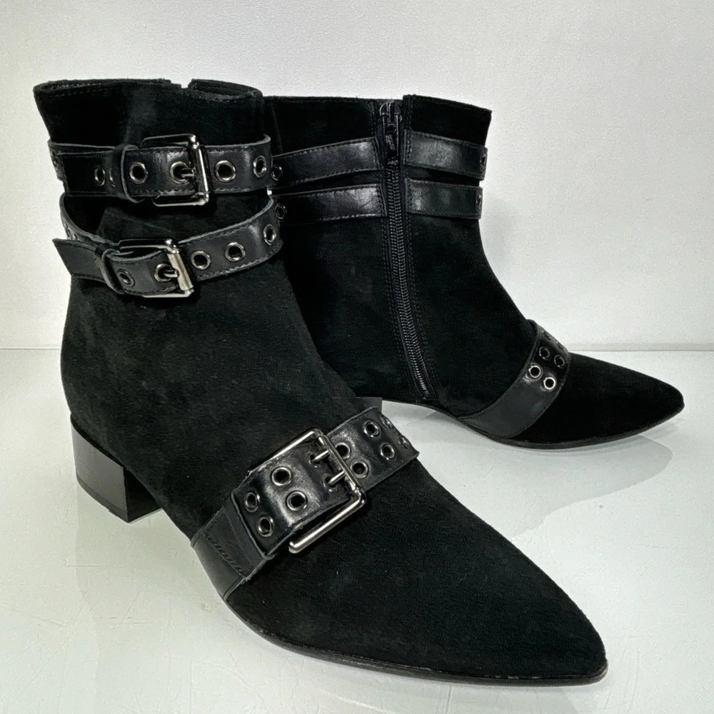 Napoleoni Black Suede Pointed Toe Adjustable Strap Detail Ankle Boots Size 37
